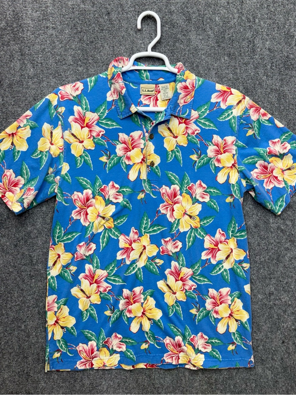 LL Bean Hawaiian Polo floral Hibiscus Shirt Men's size Large Blue